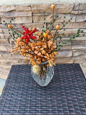 Beaded Floral Arrangement in Orange, Green & Crystal Red